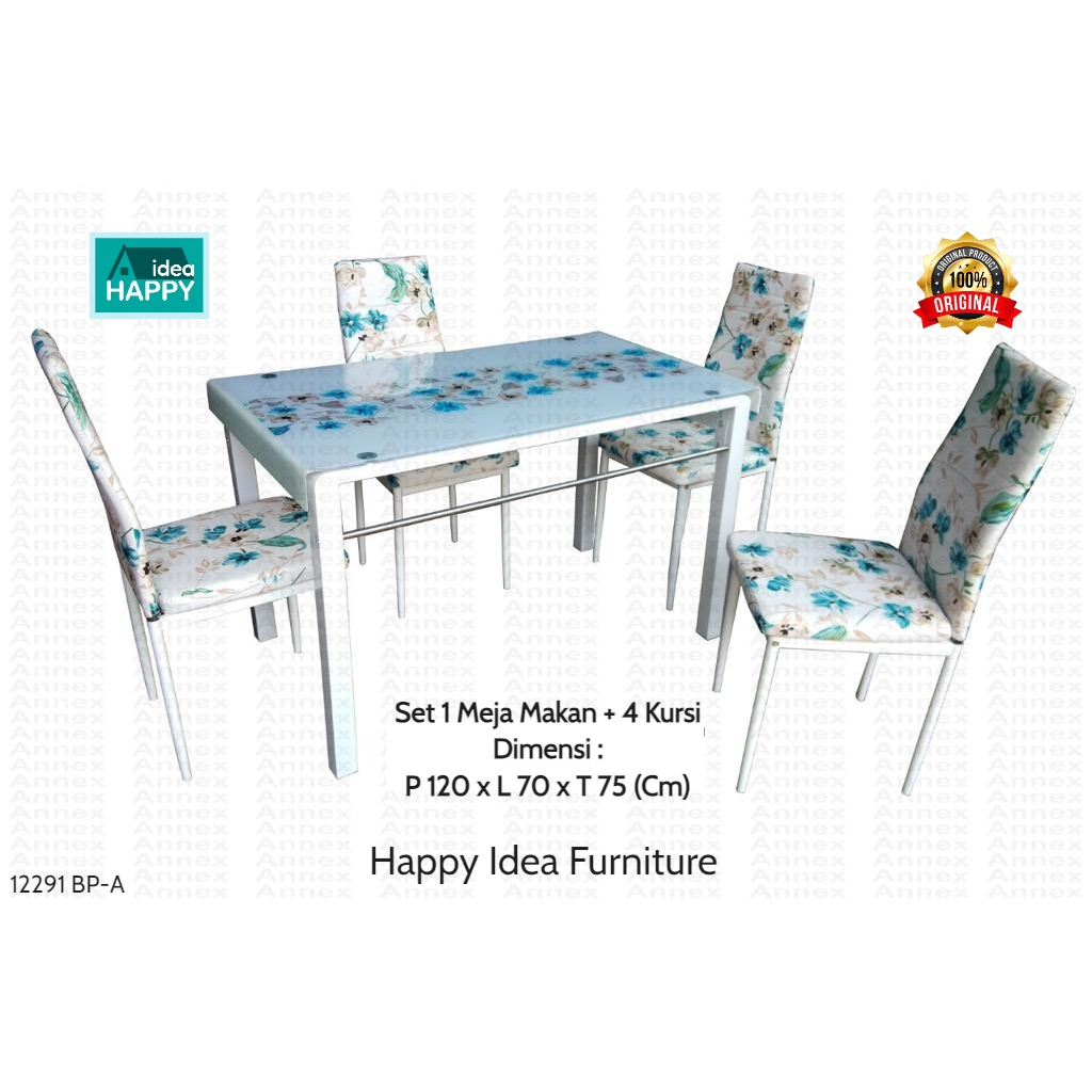 𝗛𝗮𝗽𝗽𝘆 𝗜𝗱𝗲𝗮 - Set Meja Makan Murah Mewah Elegan Import + 4 Kursi Bahan Besi & Kaca Tempered Tebal Flo