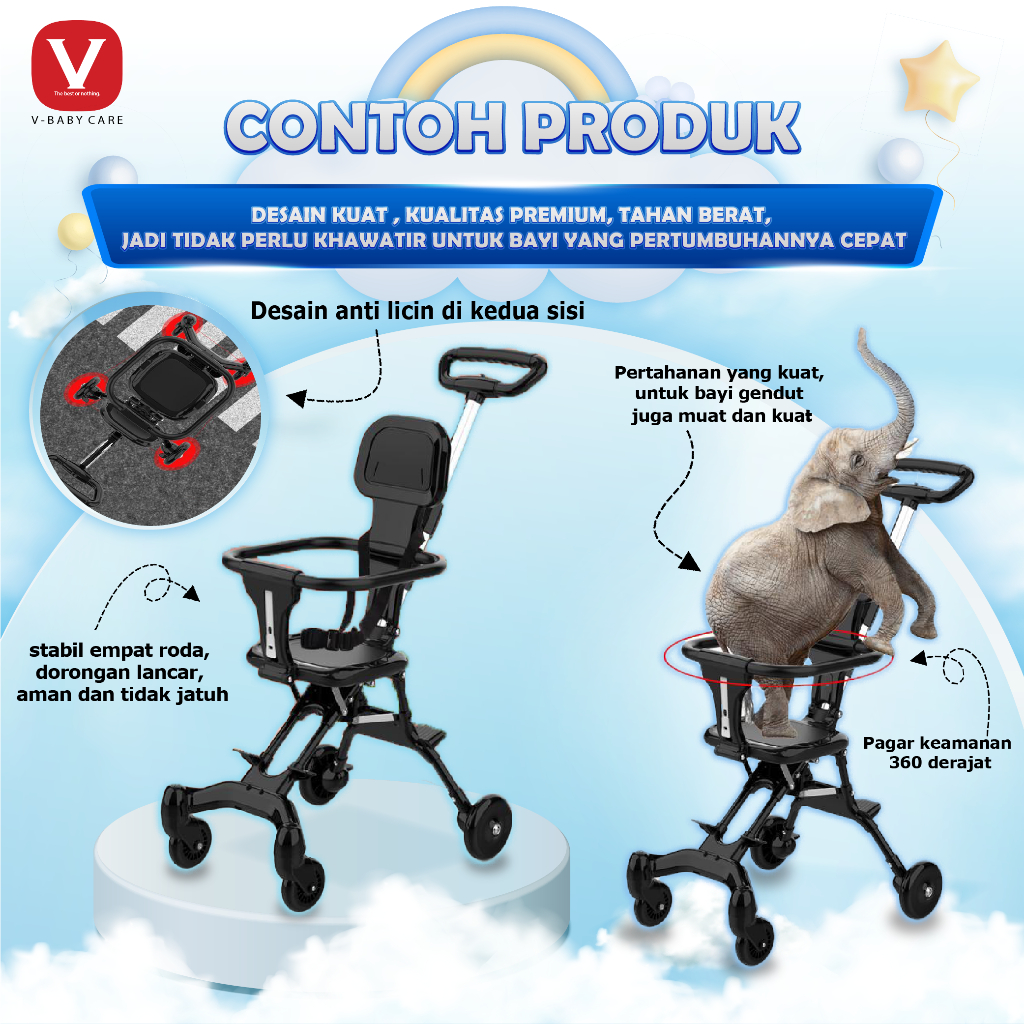 TERBARU V-BABYCARE /STROLLER BABY /KERETA DORONG BALITA LIPAT MAGIC STROLLER BABY 2 WAY TRAVEL /