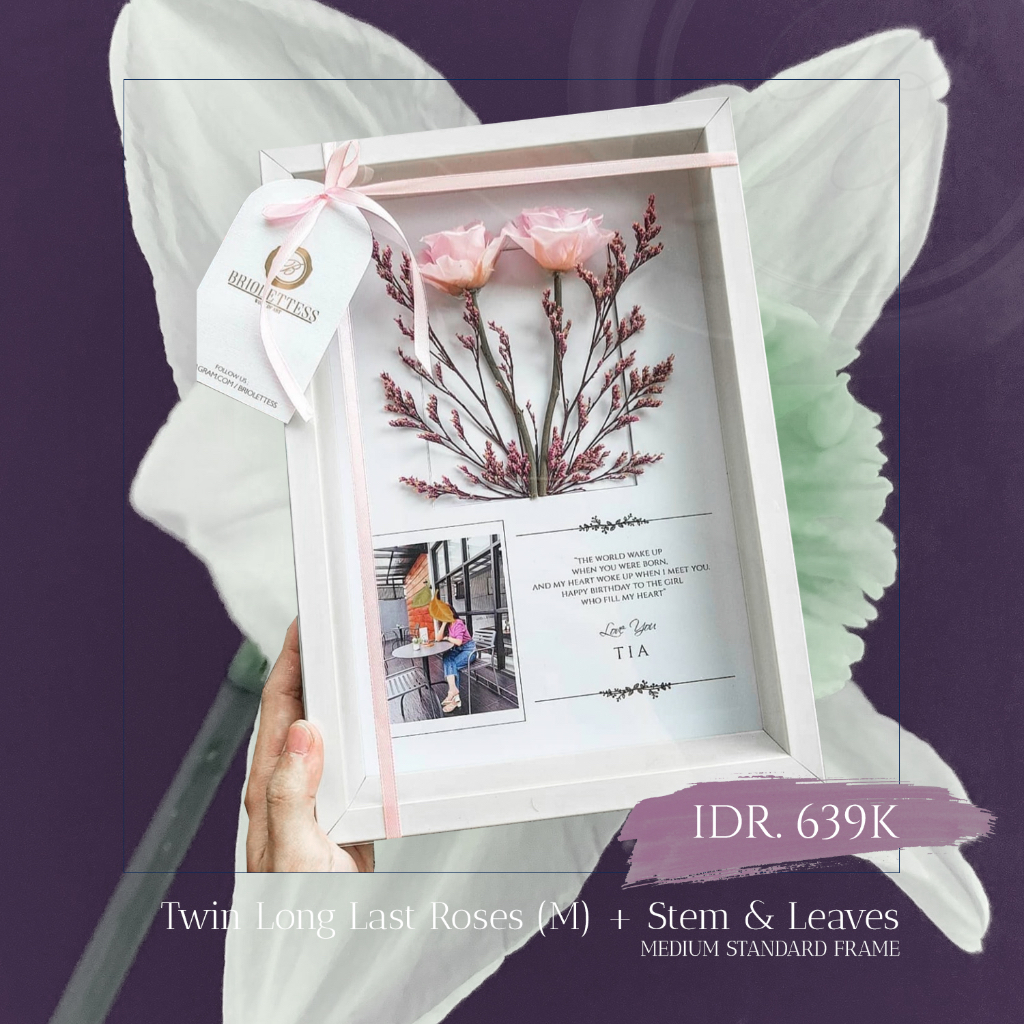 MEDIUM STANDARD FRAME Twin Preserved Roses (L) + Stem & Leaves | Bunga Mawar Asli Kering Preserved A