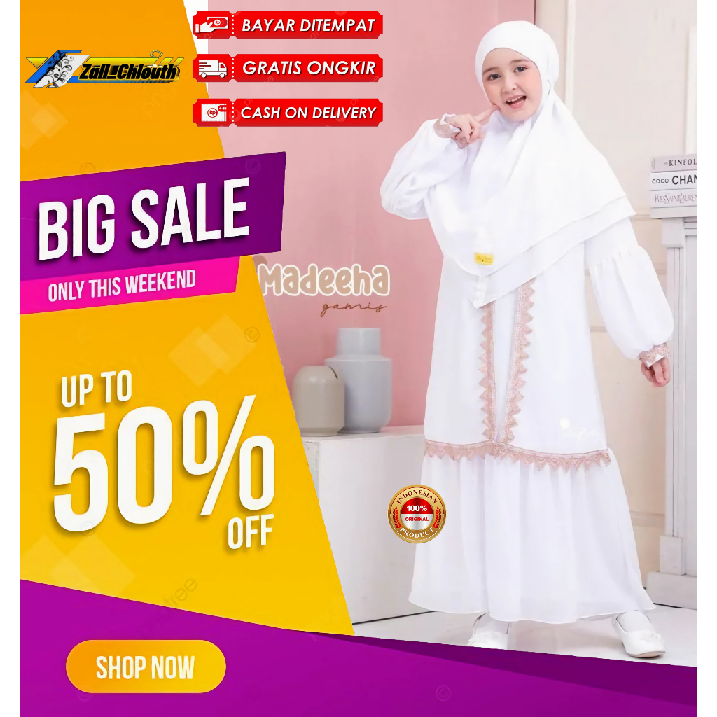 MADEHA SET Gamis Stelan Hijab, Gamis Putih Bersih Polos, Gamis Set Khimar