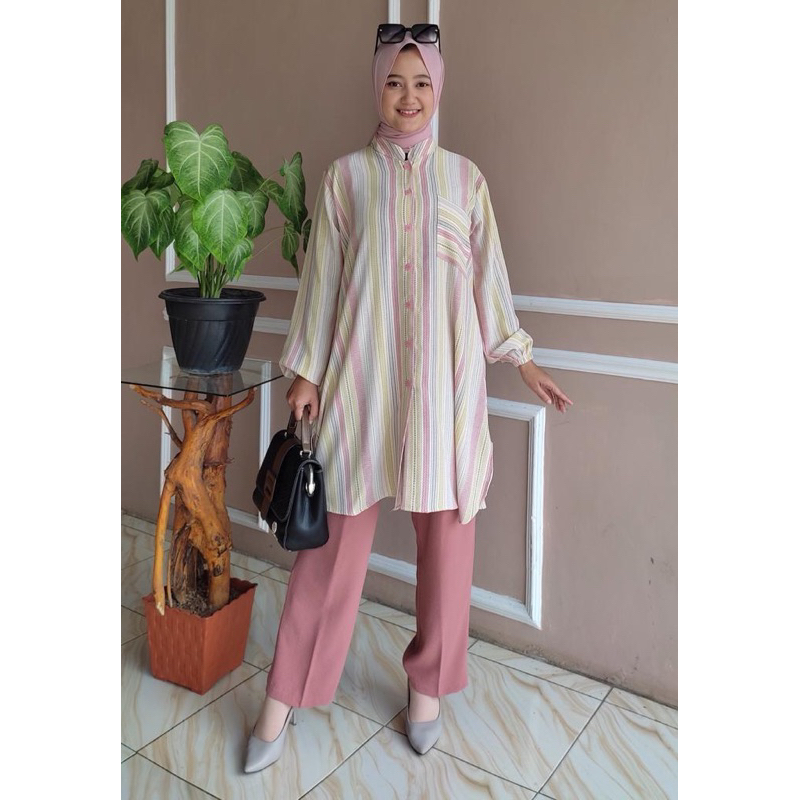 Setelan Celana Crinkle Premium Aleva Motif Salur