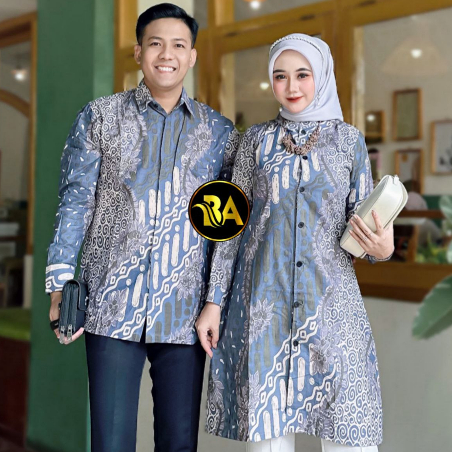 Baju Batik Blue Sea Tunik Kemeja Couple Sarimbit Lengan Panjang Motif New Seno M-XXXL Jumbo