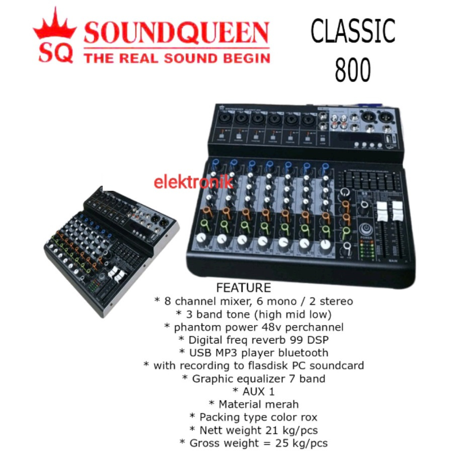 Mixer 8 Channel Soundqueen CLASSIC 800 Bluetooth Recording USB PC ORIGINAL GARANSI
