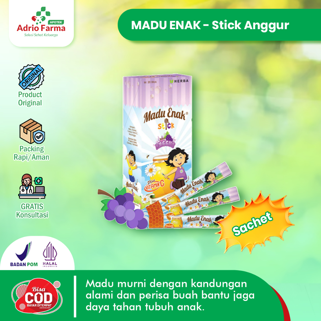 

MADU ENAK - STICK Rasa ANGGUR - Sachet @ 15gram - Madu Enak Rasa Buah untuk Anak