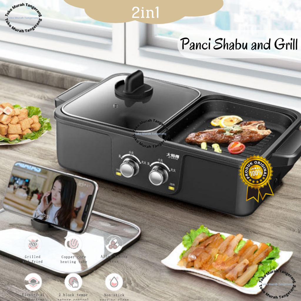 (COD) PROMO  Panci Elektrik Hotpot Grill BBQ 2 in 1 Multifungsi Electric Pan Steamboat Shabu Suki Al