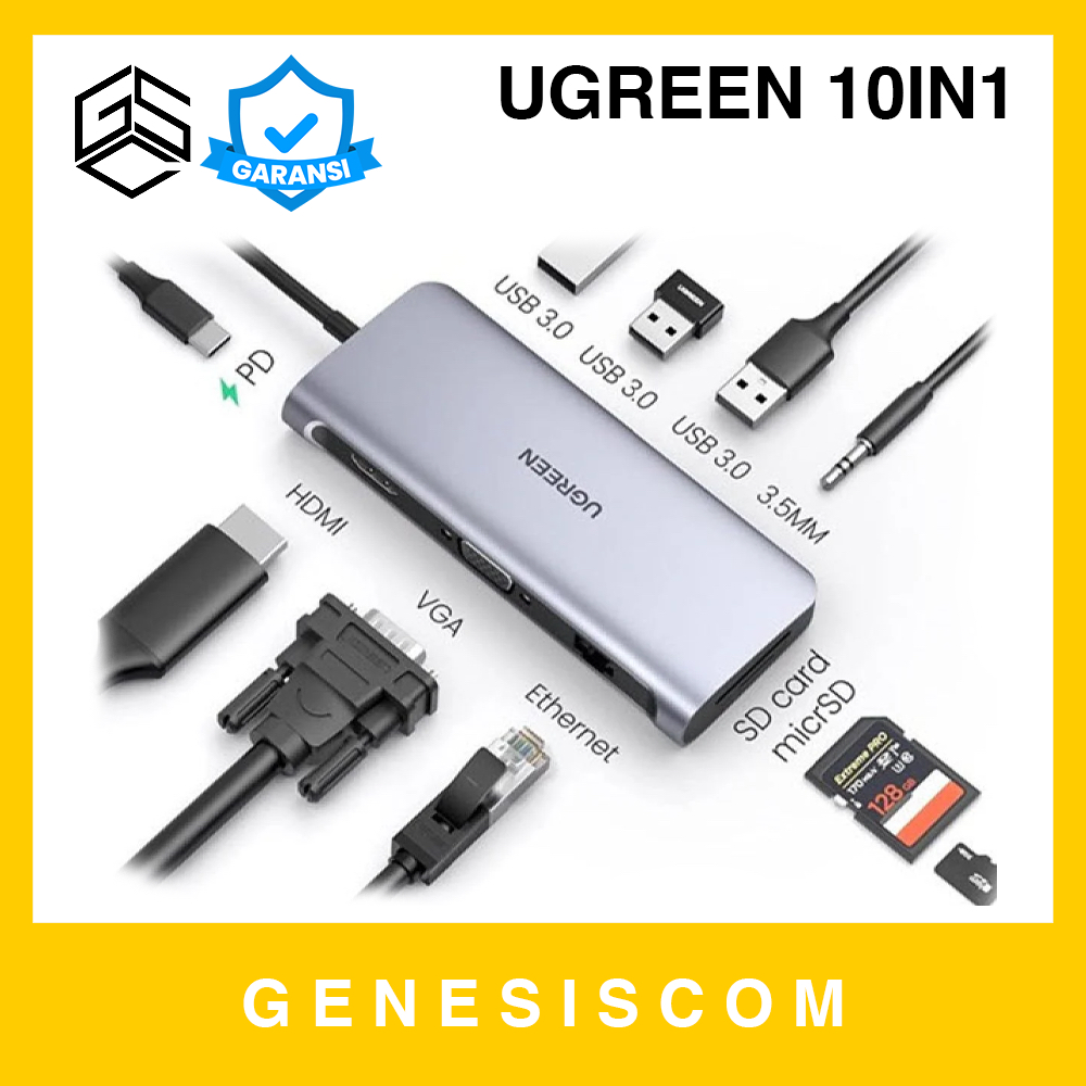 USB Hub UGREEN 10in1 Type C to 3x Port USB3.0 HDMI VGA LAN TF SD Card 3.5mm Audio Jack AUX MacBook 1