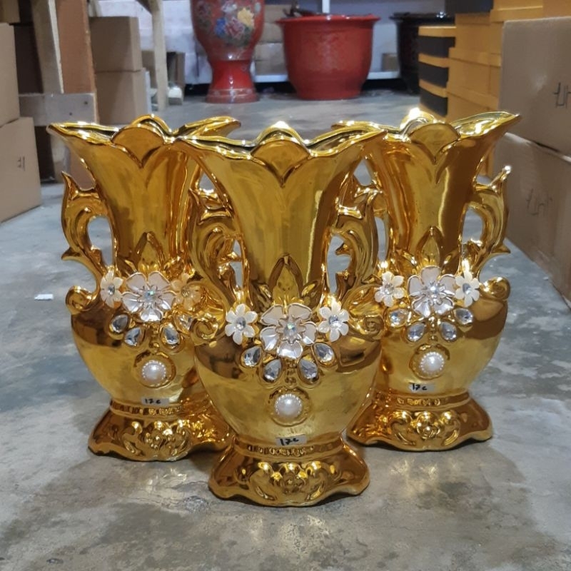 3 Pcs Pajangan Guci Warna Gold Tinggi 25 Cm Hiassn Lemari Kaca Dekorasi Rumah Vas Bunga Keramik Paja