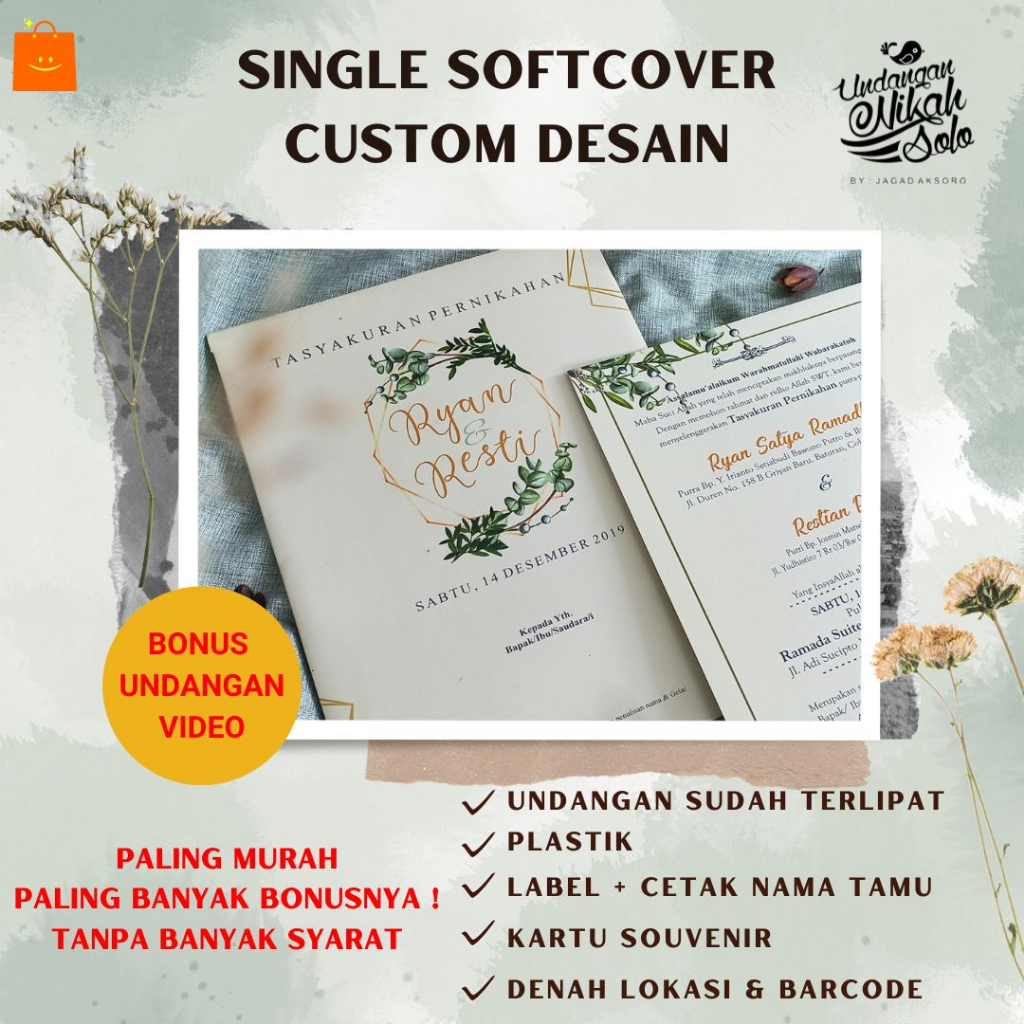 [SS] Undangan Nikah Single Softcover + Amplop, Custom Desain, Laminasi doff, Bahan tebal berkwalitas