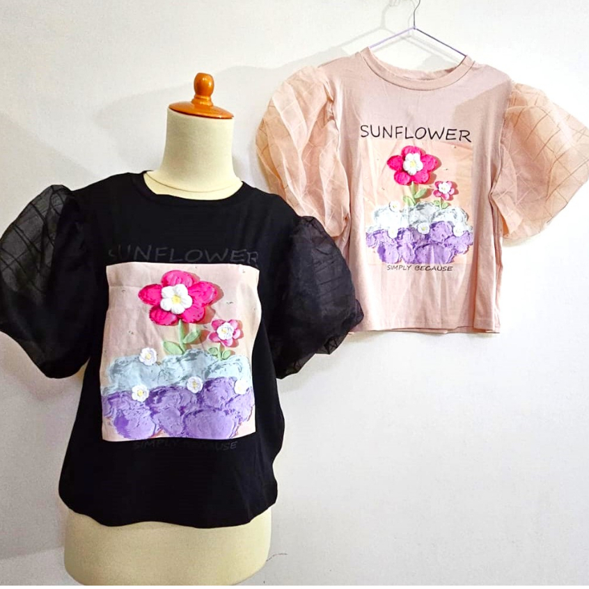Atasan kaos BKK oversize bunga 3D timbul sablon sunflower lengan balon merk jew_berry