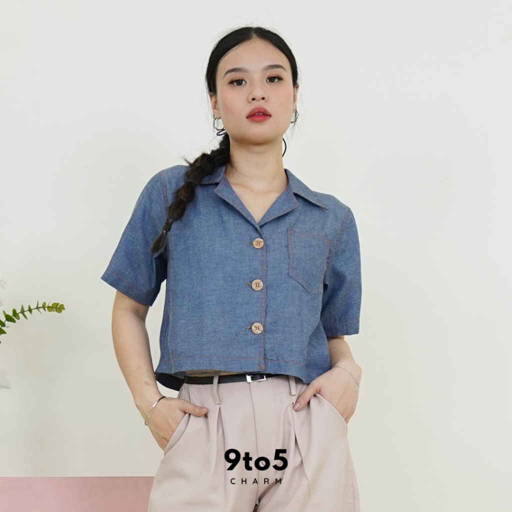 9to5charm - Atasan Kemeja Crop Top Denim Premium Baju Kantor Wanita