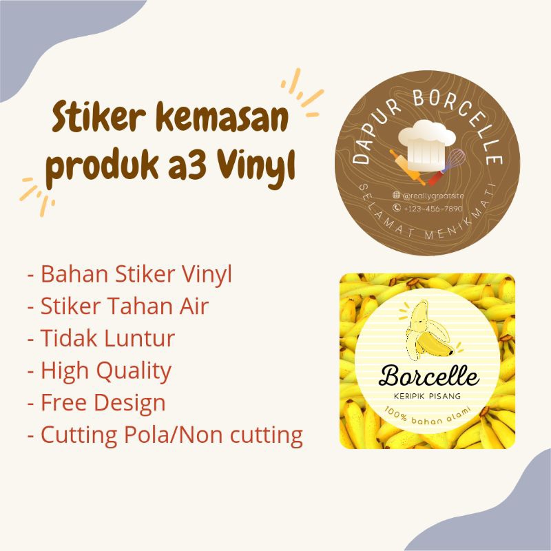 

cetak stiker vinyl A3+ / stiker waterproof / stiker kemasan produk / stiker label makanan & minuman