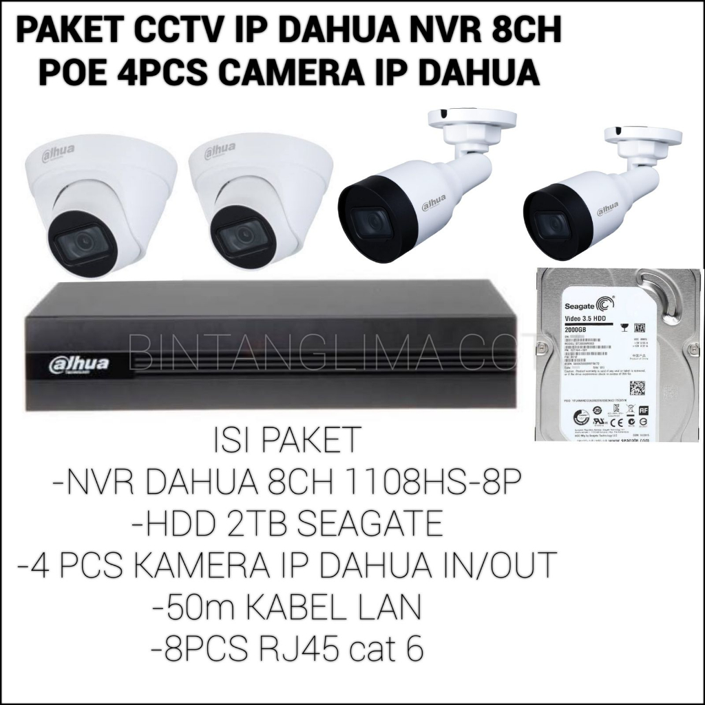 PAKET IP CAMERA DAHUA NVR 8CH POE KAMERA IP 4 PCS