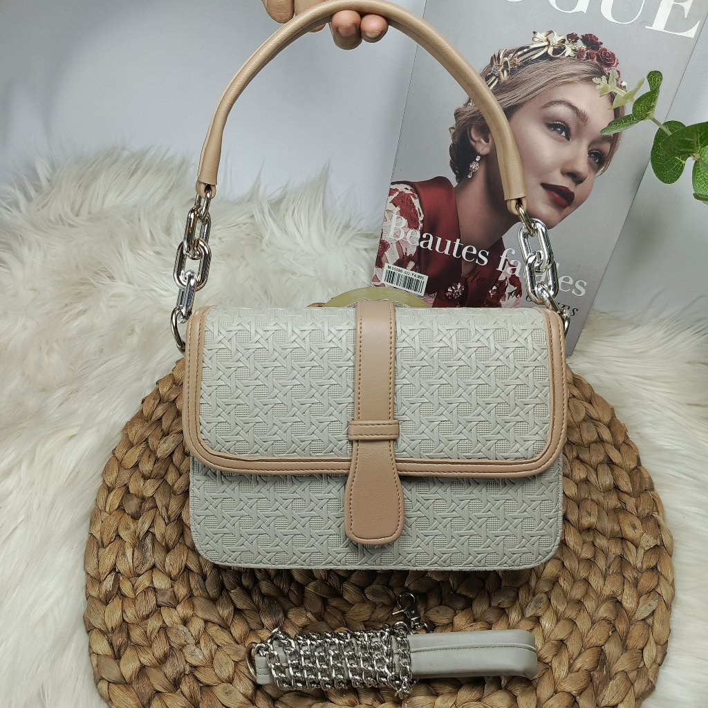 Arpus Official / Tas Selempang Wanita Lily Bahan Anyaman Tikar 3 Ruangan White Nikel Series  High Qu