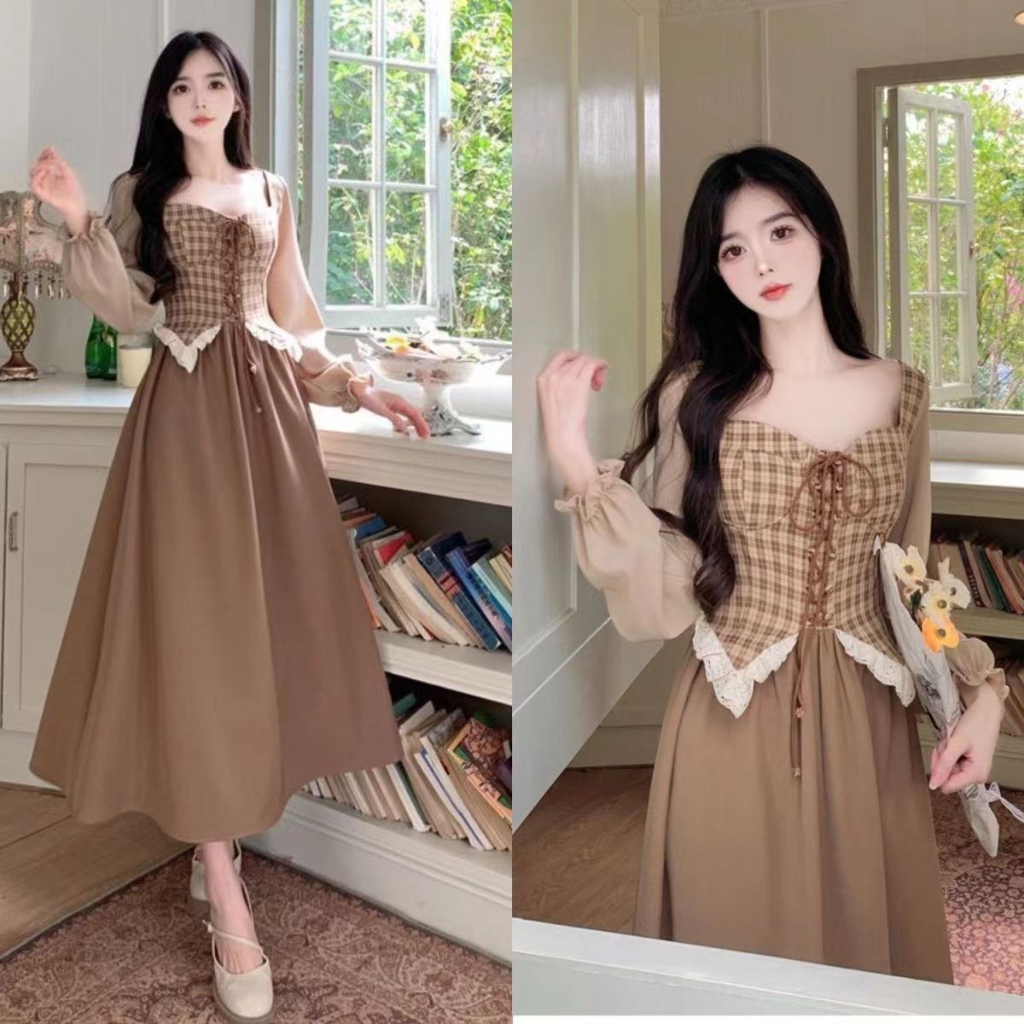 Dress Retro Lengan Panjang Korea Vintage