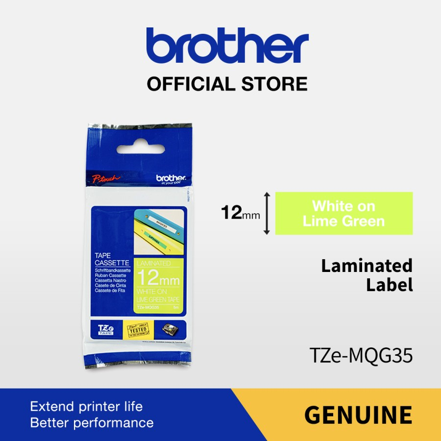 

Brother Label TZE-MQG35 12mm x 5m White on Lime Green Tape TZE-MQG35