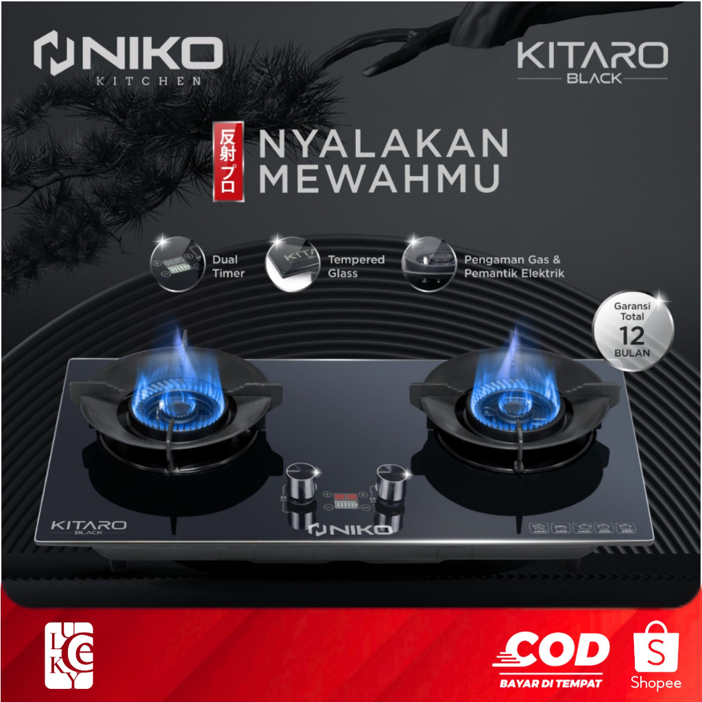 Kompor Gas Tanam Niko 2 Tungku Kitaro Black Double Timer Tempered Glass 7mm Pemantik Elektrik