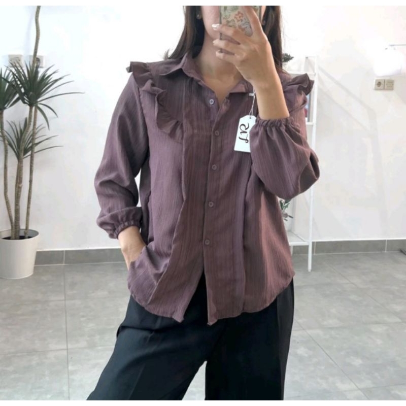 Ruffle Blouse Wanita Ruffle Crinkle Shirt Kemeja Peplum Baju Kantor Formal Kerja Cewek Kemeja Ruffle BabyDoll Tangan Panjang Kemeja Basic Polos Atasan Wanita Lengan Panjang Kancing Depan Longsleeve Shirt Casual shirt