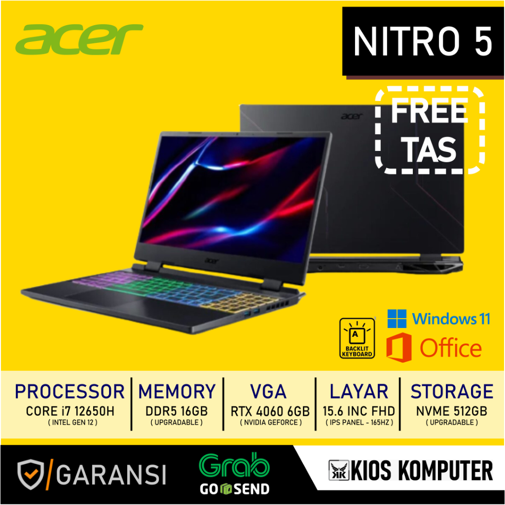 ACER NITRO 5 CORE I7 12650H 16GB/512GB RTX 4060 15.6" 165HZ W11 OHS
