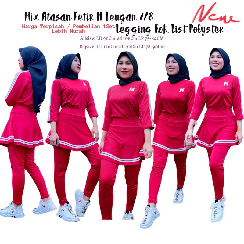BIG PROMO Mix Atasan Baju Senam N Petir dan Legging Rok Senam Model List Bahan Polyster Spandek