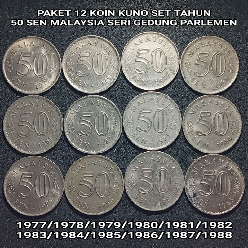 Paket 12 Koin Kuno Set Tahun 50 Sen Malaysia Seri Gedung Parlemen