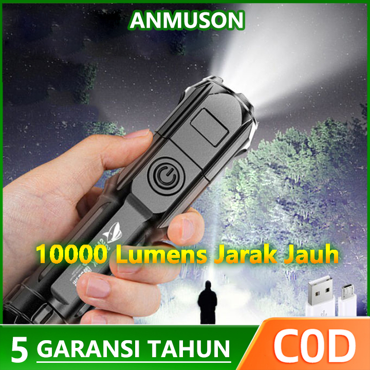 ANMUSON 10000 Lumens Jarak Jauh Senter Super Terang Waterproof Zoom Murah Free Charger Senter LED Mi