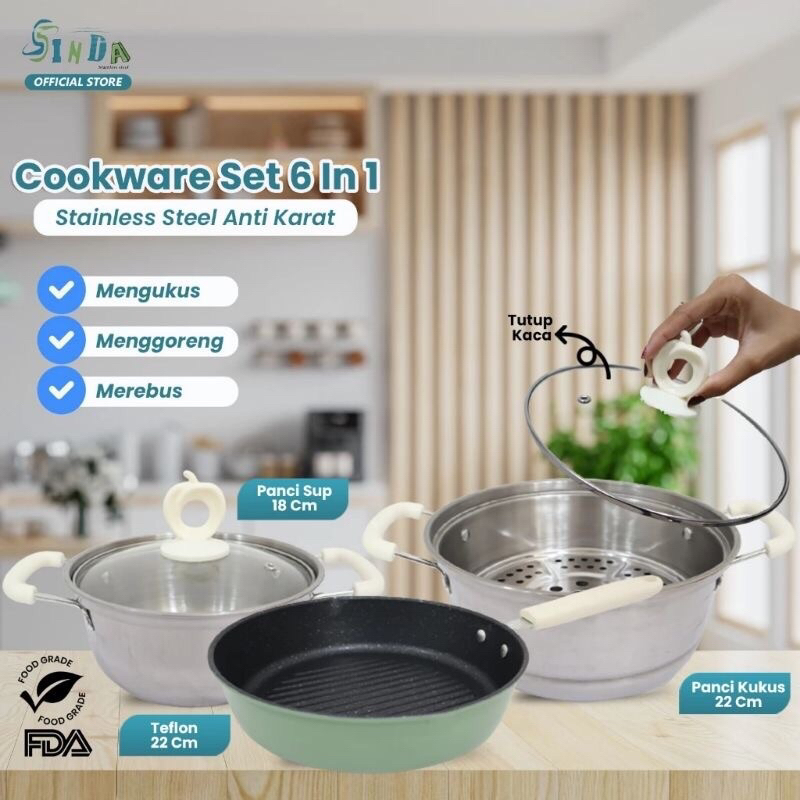PANCI SET COOKWARE 6PCS SINDA panci set serbaguna panci set anti lengket panci tutup kaca set panci