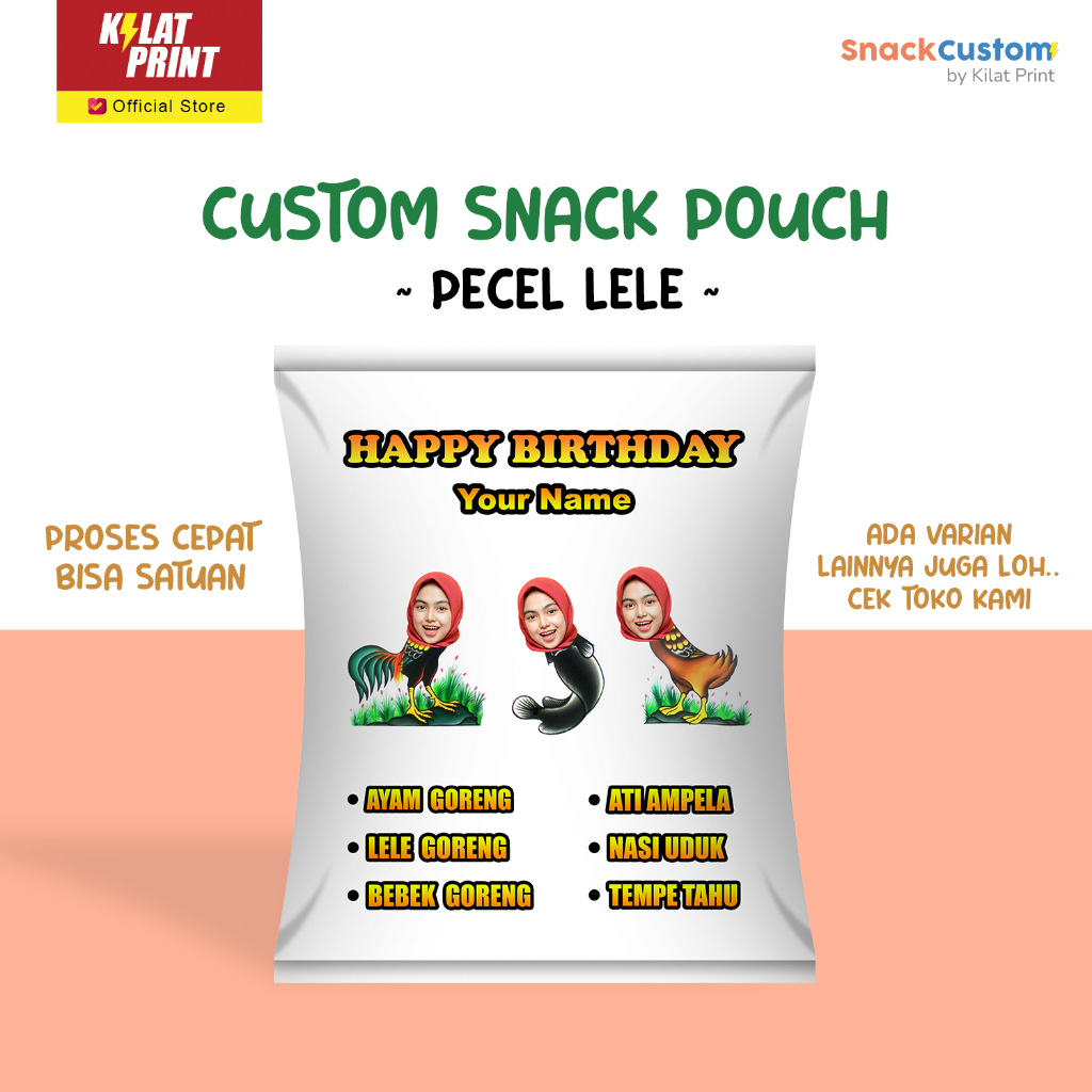 

Snack Custom Foto Teks Bungkus Pouch Jumbo Ala Pecel Lele Edition