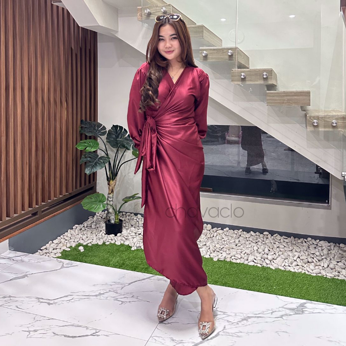 Calia Wrap Dress Satin Silk Long Dress Kaftan Ikat Kondangan Viral M L XL XXL