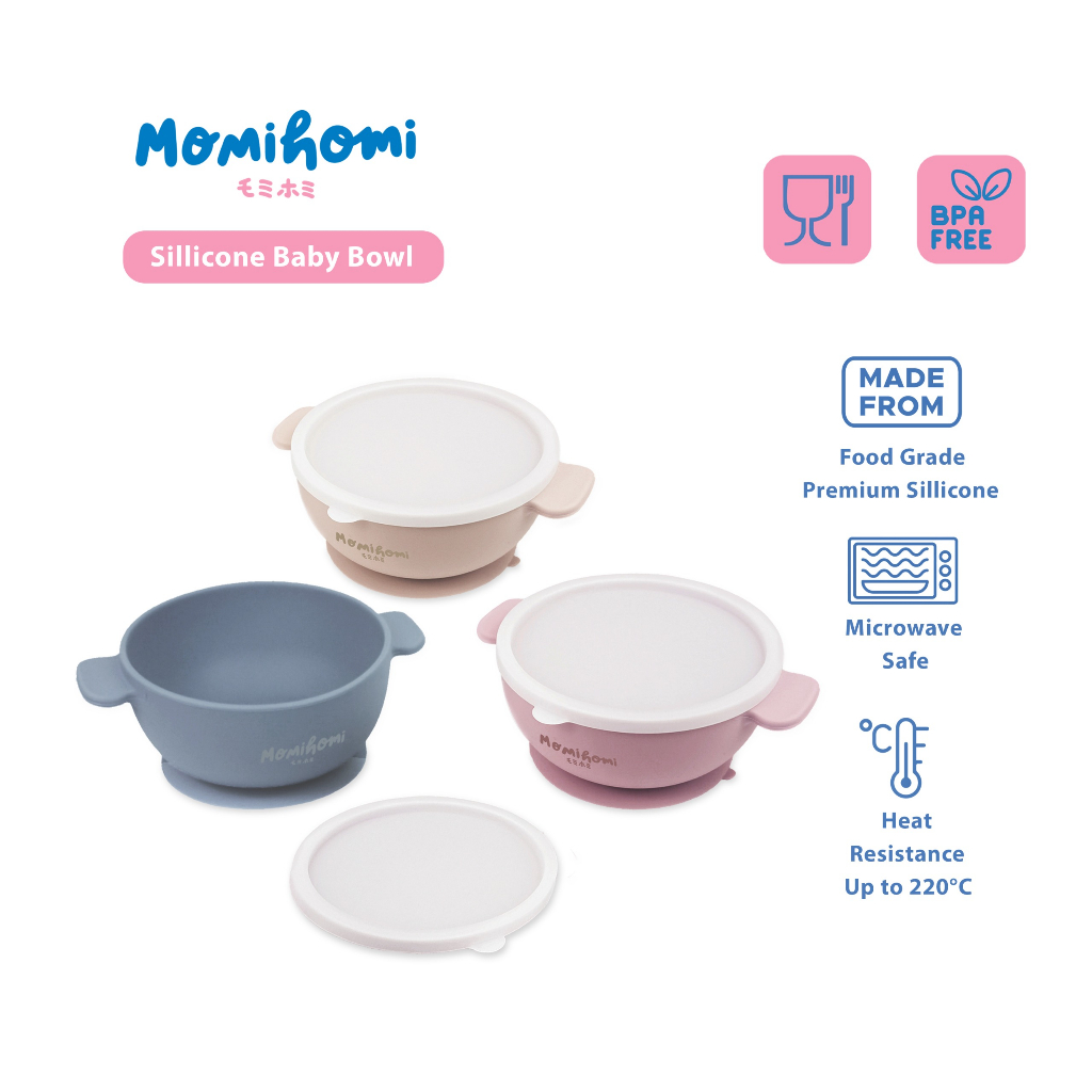 Momi Homi Sillicone Baby Bowl Suction BPA FREE Anti Slip Perlatan Makan Untuk Anak Lengkap Dengan Tutup Anti Tumpah Tempat Makan Bayi Mangkok Silikon Mangkuk Mpasi Bayi Tahan Panas / Microwave Safe 220 Derajat Celcius Food Grade 250 ML