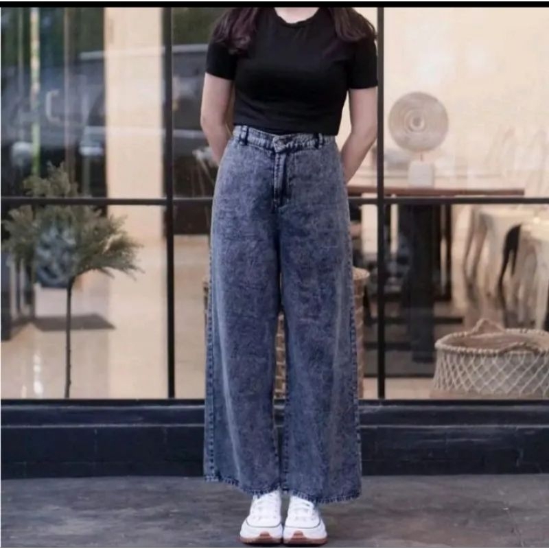 CELANA KULOT JEANS HIGTWAIST / KULOT MOZZA WANITA / KULOT JEANS WANITA Hitam Karet Panjang Denim Kan