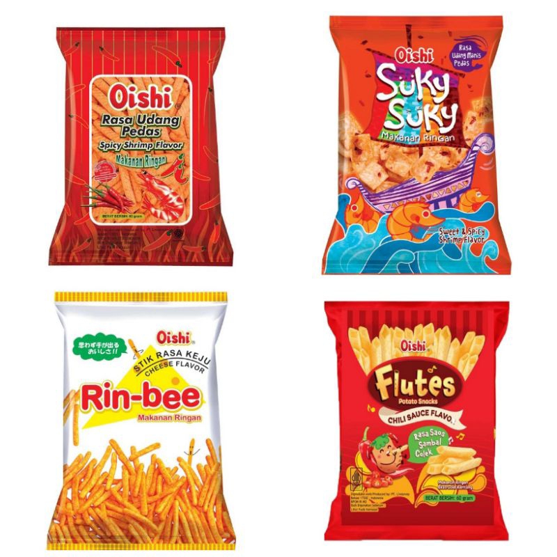 

Oishi Snack Makanan Ringan Rinbee Keju / Suky Udang Manis Pedas / Kraker Udang / Flutes 60 g