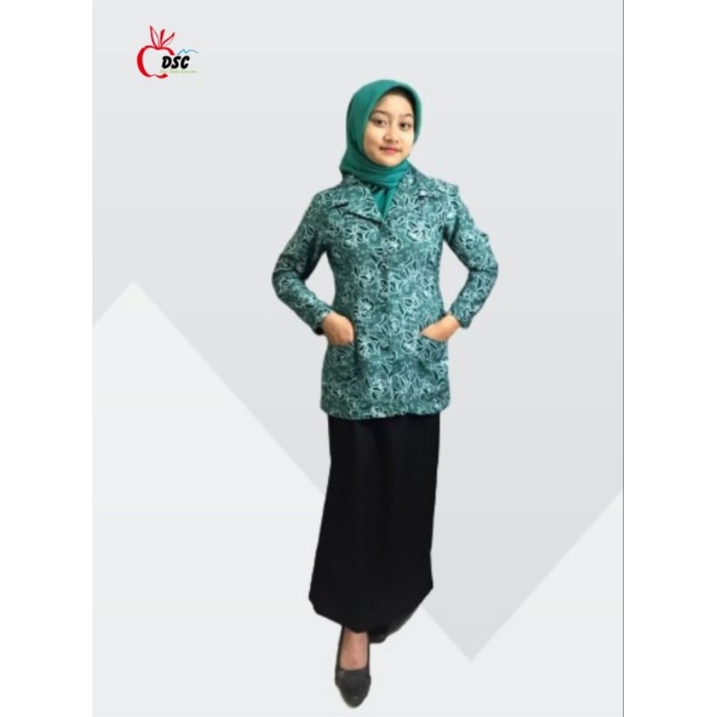setelan blazer batik pkk hijau plus rok hitam