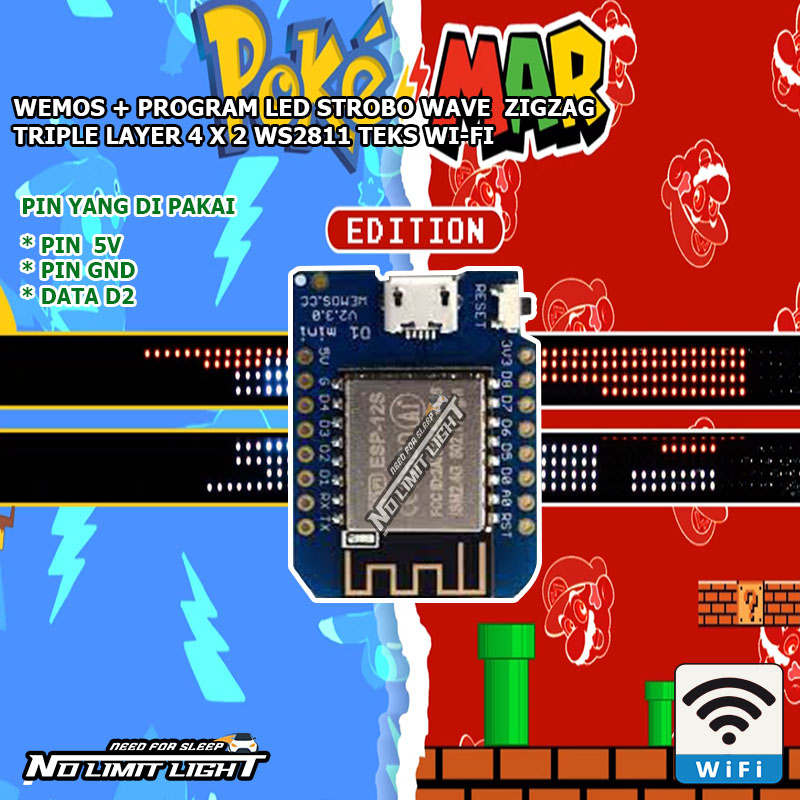 Chip Wemos Program Modul LED Strobo Wave Kaca Mobil Teks Wifi Double Layer 2 x 4 Baris Ws2811 Versi 