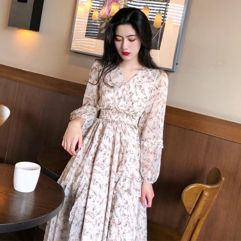 Dress wanita korean style gaun putih white apricott floral bunga baju lebaran idul fitri muslim tuni