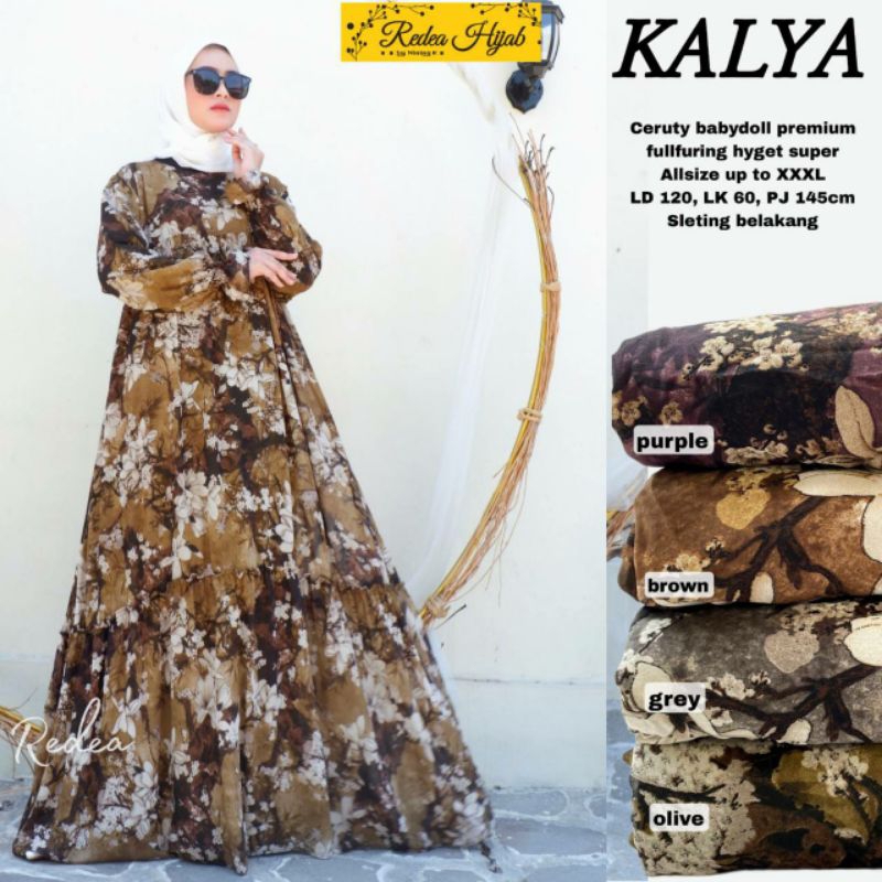 Gamis Jumbo Kalya Maxy Bahan Ceruty Full Furing Gamis Pesta Ziper Belakang Motif Bunga Bunga Ori Sol