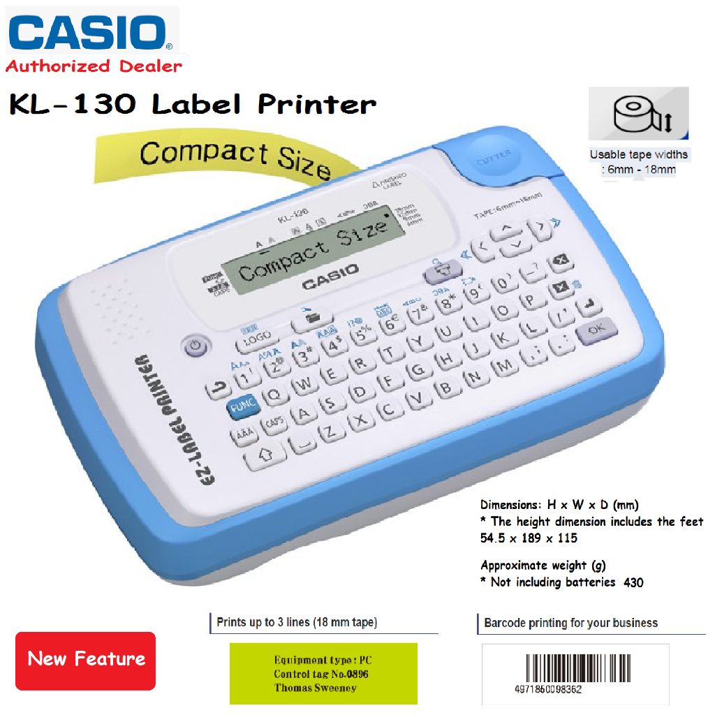 

PRINTER LABEL CASIO KL-130 CETAK LABEL UKURAN 6 / 9 / 12 / 18 MM