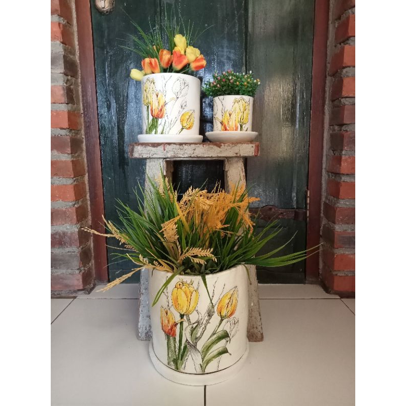 paket pot decoupage/pot teracota/pot bunga/pot gerabah/vas bunga/dekorasi/pot decoupage/pot tanah li