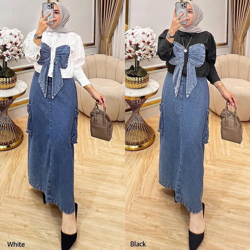 Setelan Wanita Kekinian Ribon One Set WD Bahan Kain Katun Toyobo Mix Jeans Size M L XL XXL Setelan R