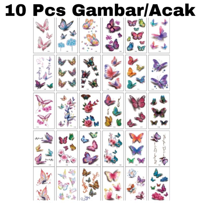 10 Pcs Gambar Tattoo Tatto Temporary Tato Temporer Tahan Air Sementara Motif Kupu-Kupu Seri Y RANDOM