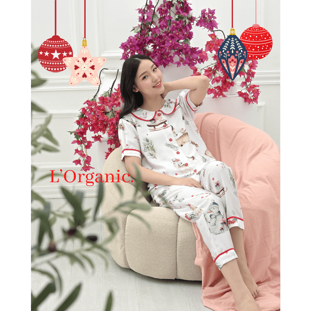 KC Ease with Joyful White Christmas Piyama Set Baju Tidur Wanita Lengan Pendek Celana Panjang