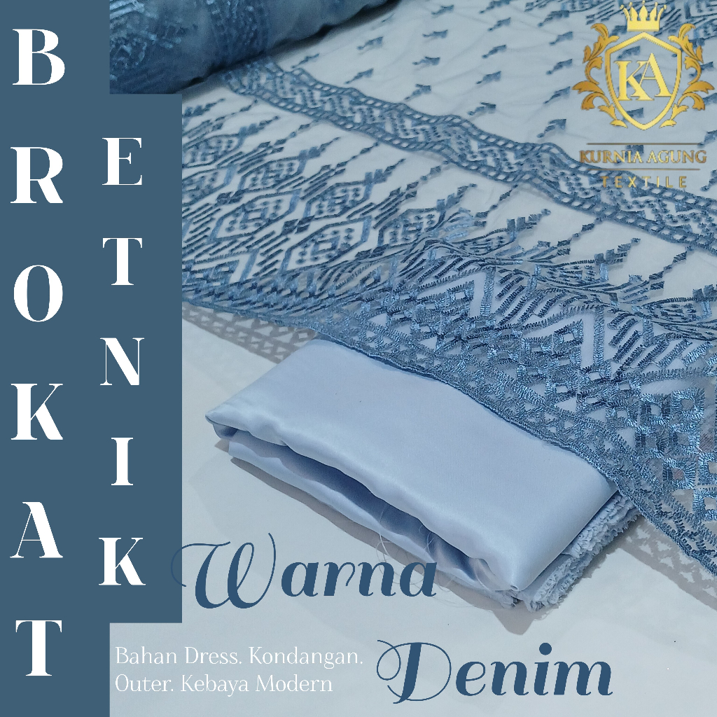 Brukat Tile Motif Ethnic warna DENIM Biru Bahan Kebaya/Seragam bridesmaid/Dress/Gaun Mewah Tile Awka