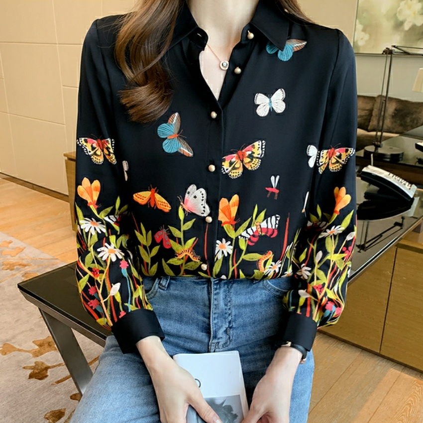 SM7755 Kemeja Motif Kupu Fashion Import Bahan Satin Silk
