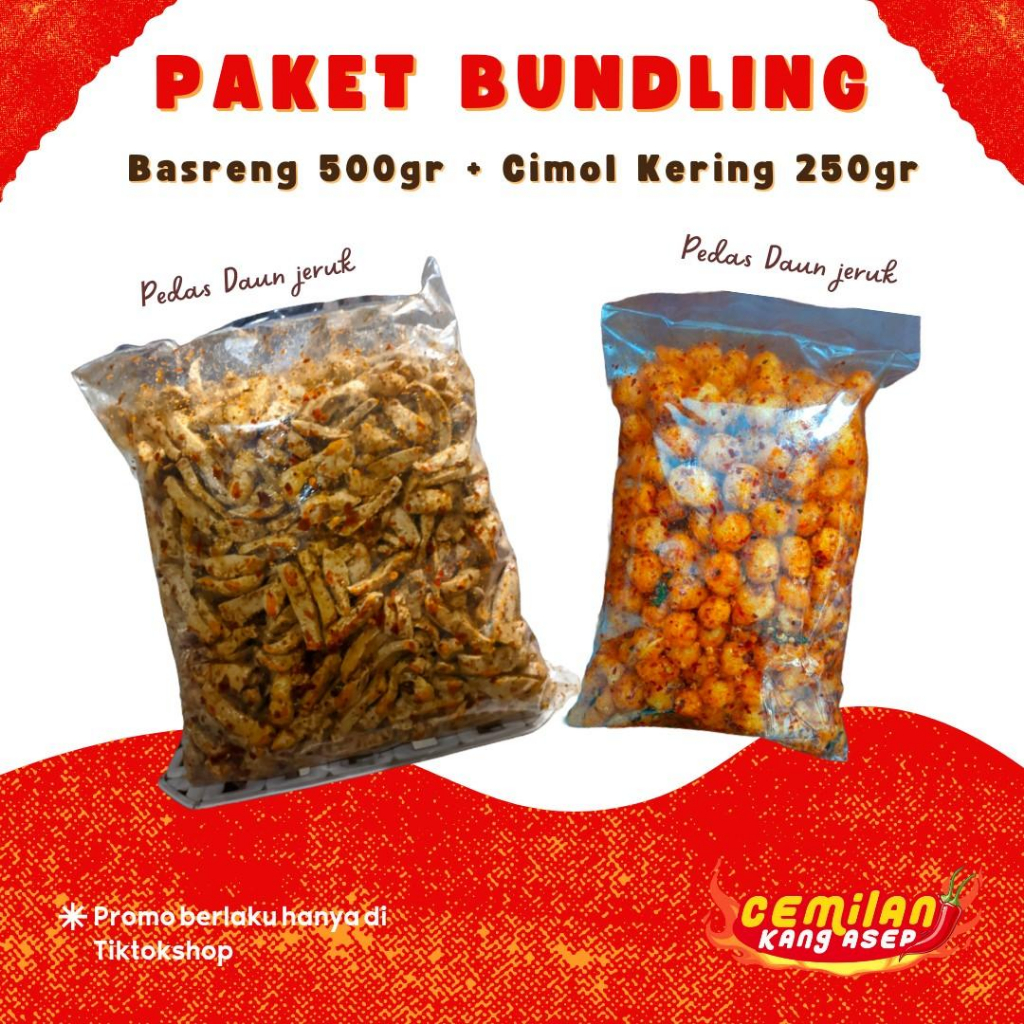 

Paket Bundling Cimol kering Ndog Lewo 250gr Pedas Daun Jeruk + 500gr Basreng Pedas Daun Jeruk