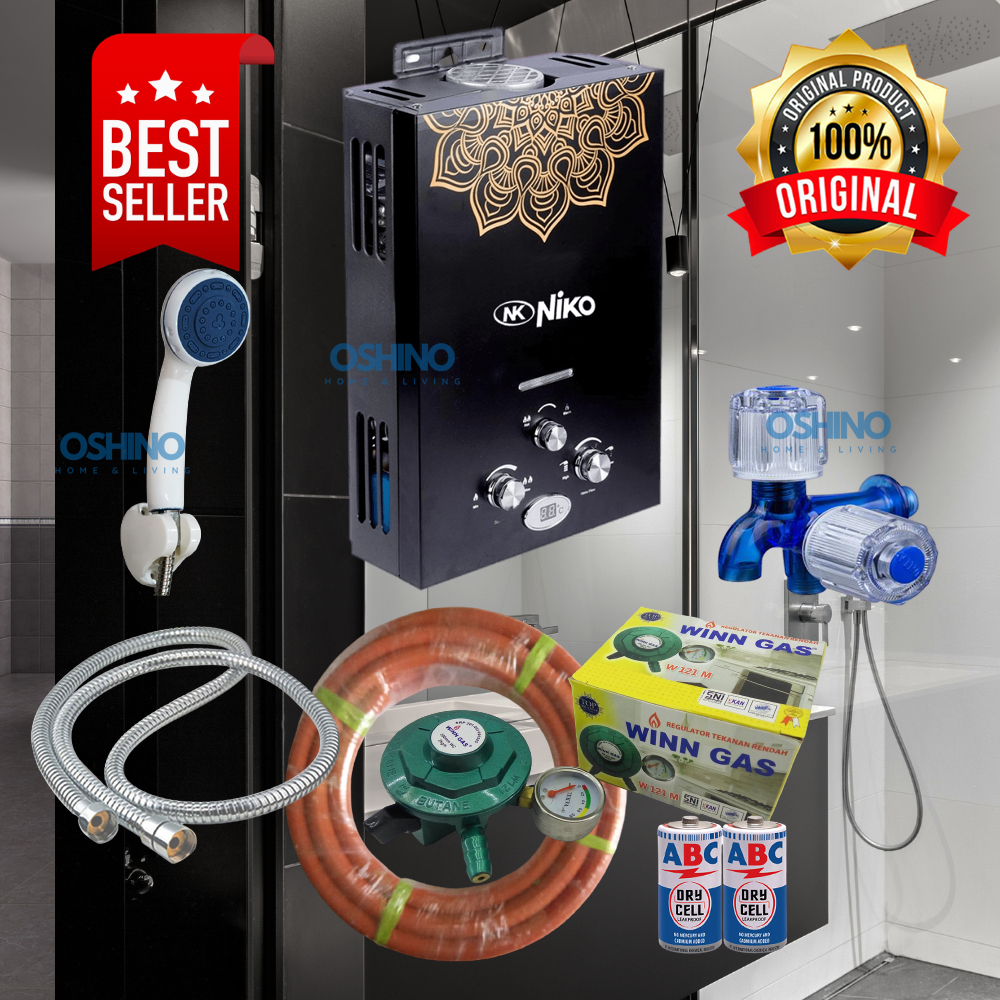 [COD] Paket Water Heater Niko Hitam Lengkap - Pemanas Air Gas dengan LED untuk Kamar Mandi