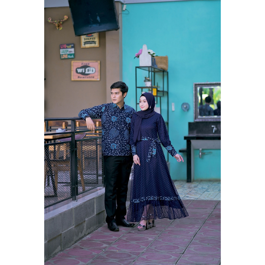 Couple Dress Gamis Kombinasi Bahan Katun Mix Brokat tile Dot Pasangan Baju Batik Kemeja Lengan Panjang Bahan Katun Kondangan Pesta Lamaran