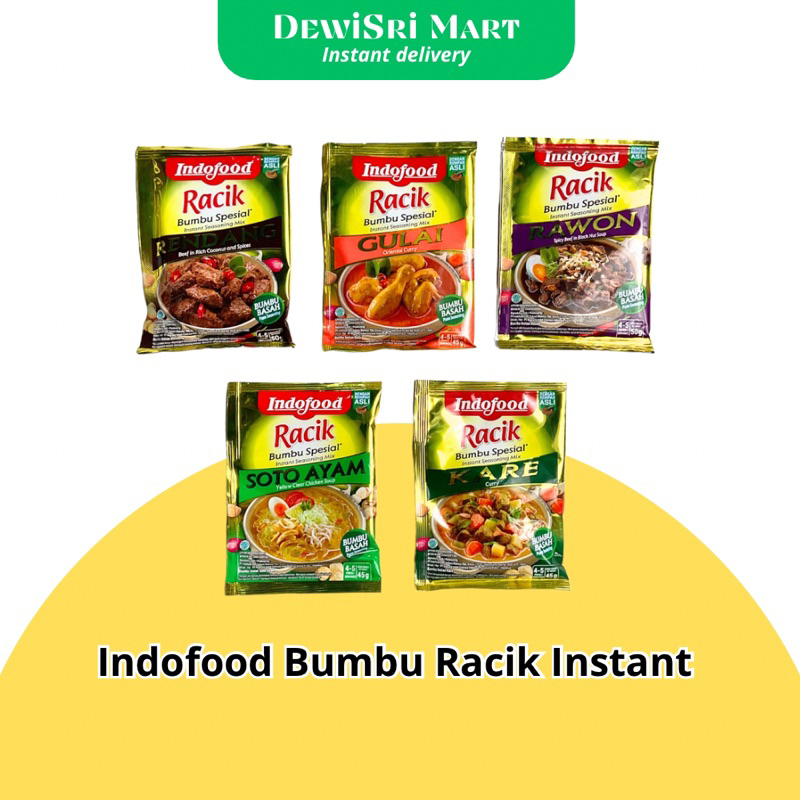 

Indofood Bumbu Racik Instan Gule Kare Rawon Rendang Kare Soto Ayam - Dewi Sri Mart