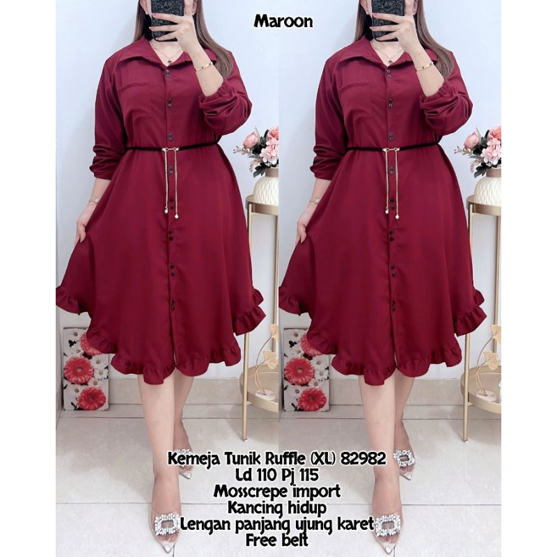 82982 KEMEJA TUNIK RUFFLE MOSCREPE FREE BELT WANITA|TUNIK POLOS|TUNIK LD110