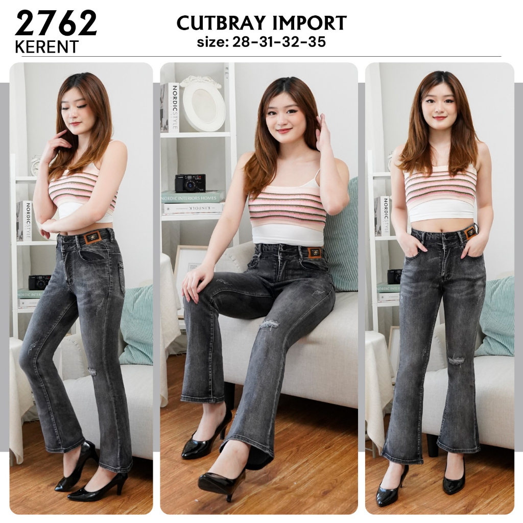 Celana jeans cutbray kerrent sobek lutut snow hitam