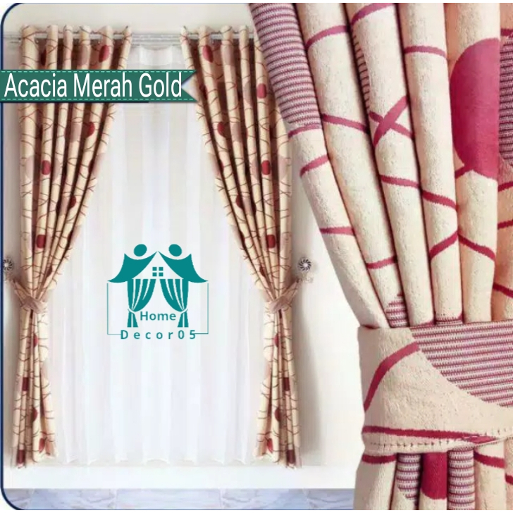 Gorden acacia merah gold gorden motif bolak balik hordeng motif polka tiray blakout premium