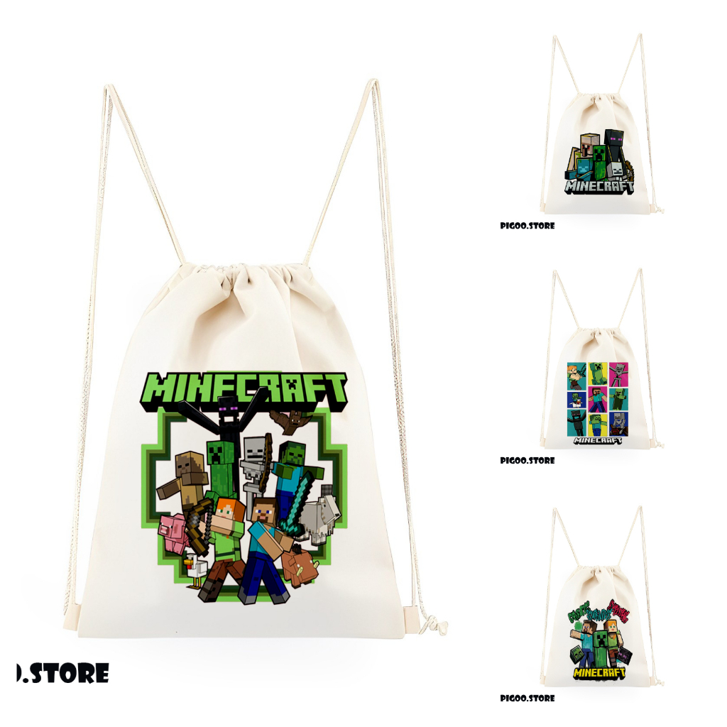 Tas Serut Kanvas Putih Minecraft Lego / Tas Gendong Ransel Minecraft / Goodiebag Ulang Tahun Anak Cu